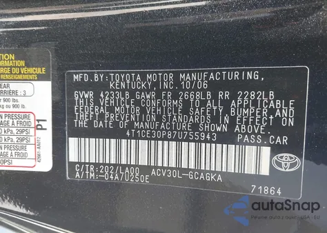 2007 Toyota Camry Solara Se/Sle from USA, damaged, VIN 4T1CE30P87U755943